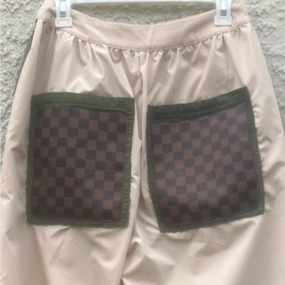 CIDER Wmn's Green/Beige Baggy Parachute Pant w Designer Inspired Pocket S NWT